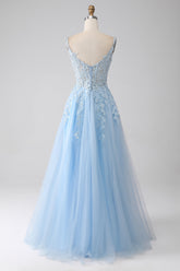 A-Linie Hellblaues Korsett Ballkleid mit Applikationen